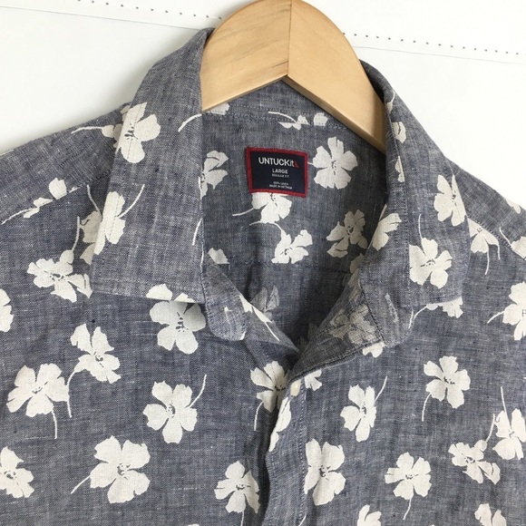 Untuckit Linen Shirt Mens Size L Blue Hawaiian Vacation Beach Cruise‎ Resort - Picture 5 of 10